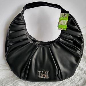 Badgley Mischka Black Vegan Leather Pleats Moon Bag
